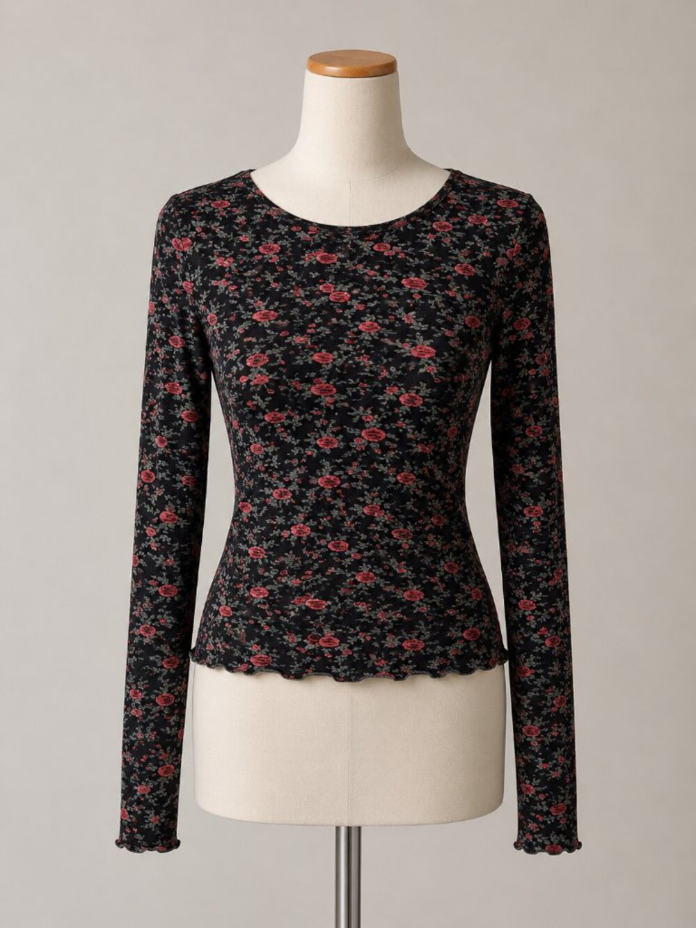 Black Sheer Floral Long Sleeve Scoop Neck Top Red Roses Kenneth Cole